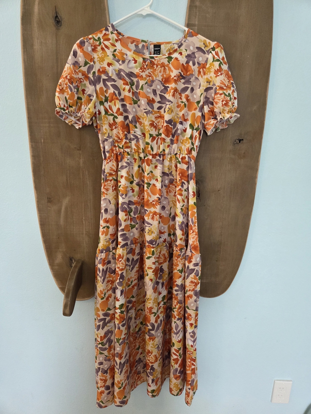 SHEIN Orange Purple Floral Tiered Maxi Dress